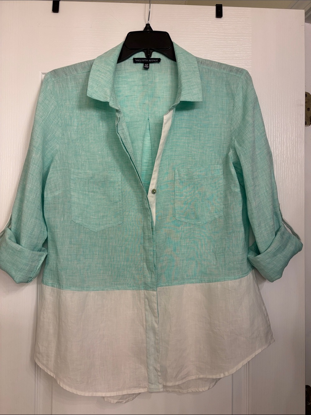 Saks Fifth Avenue Mint Green and White Two-Tone Linen Button-Down